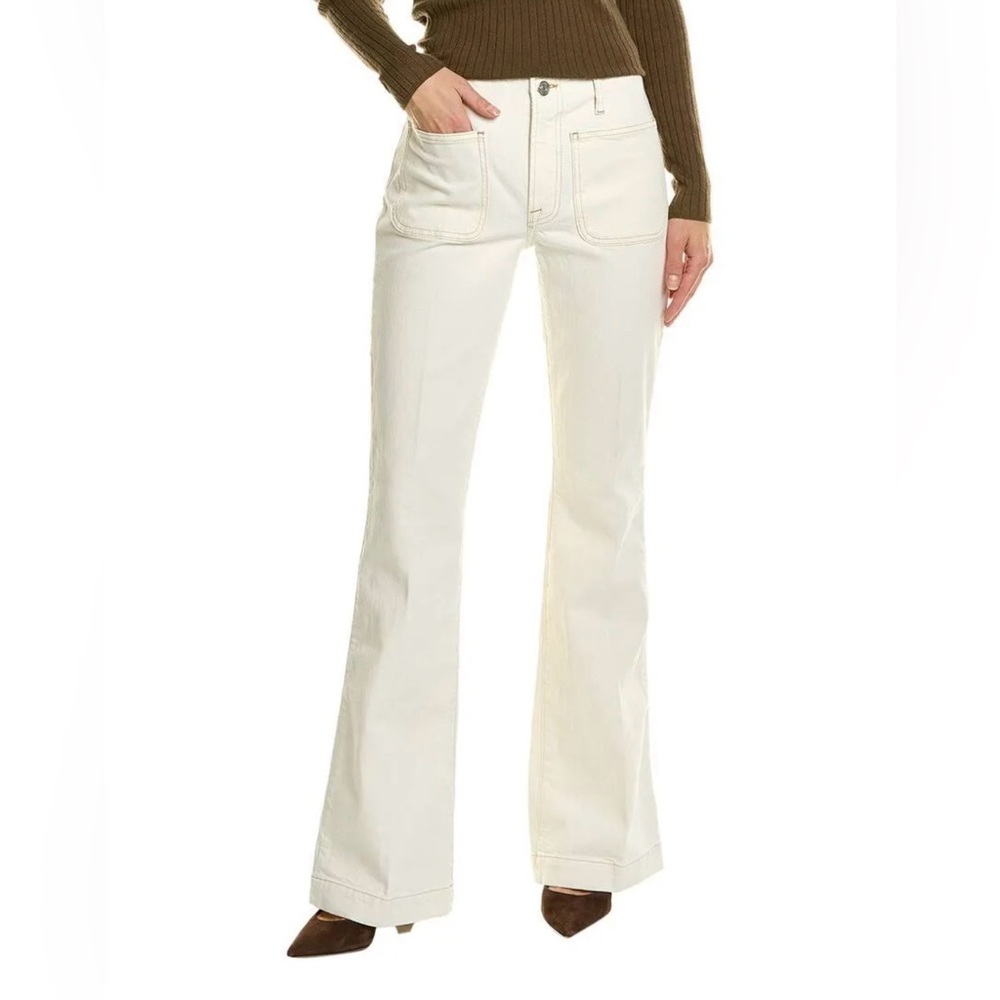 FRAME white flare jeans with brown stitching details